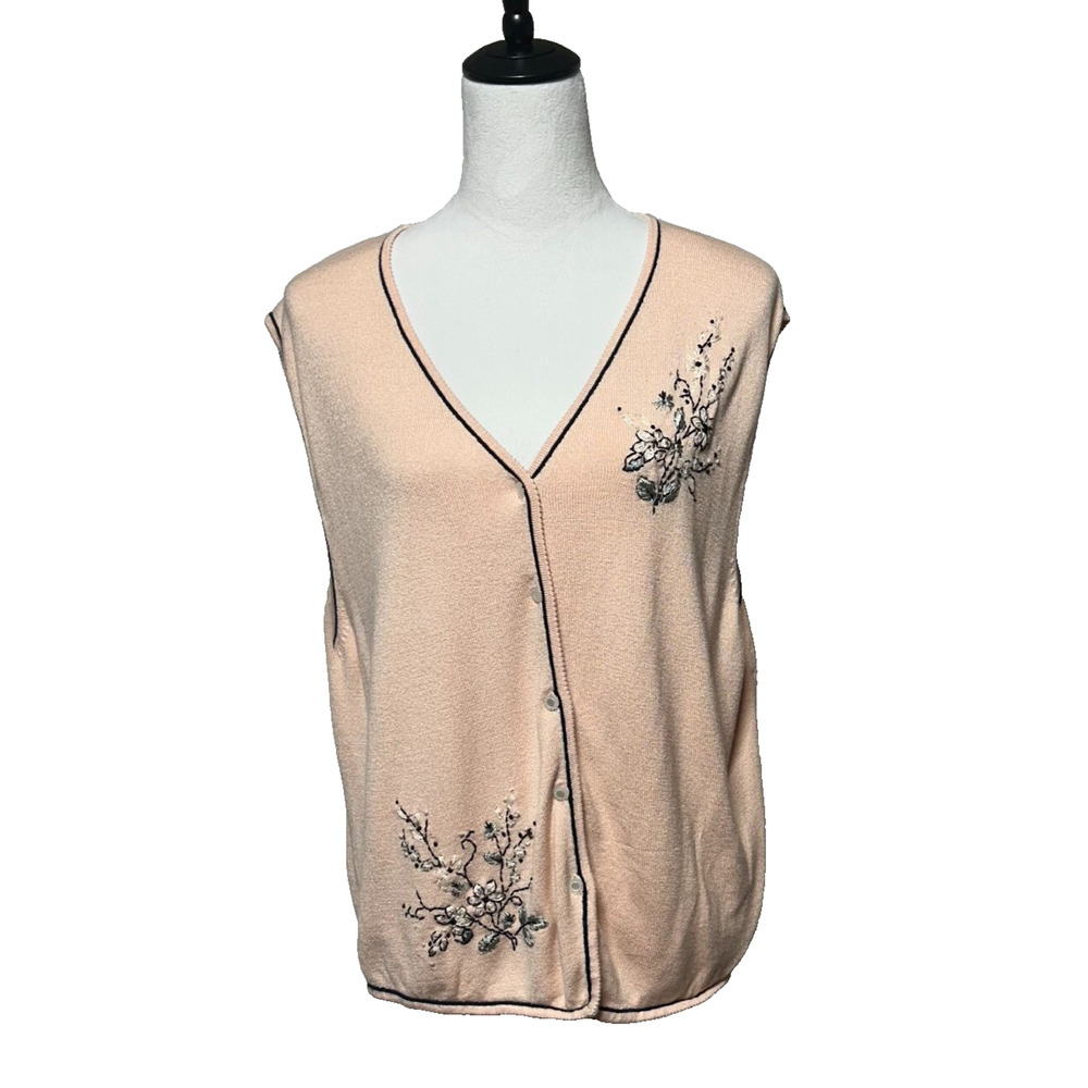 Vintage Koret Embroidered Floral Sweater Vest Womens XL Pink Cottagecore‎ Button